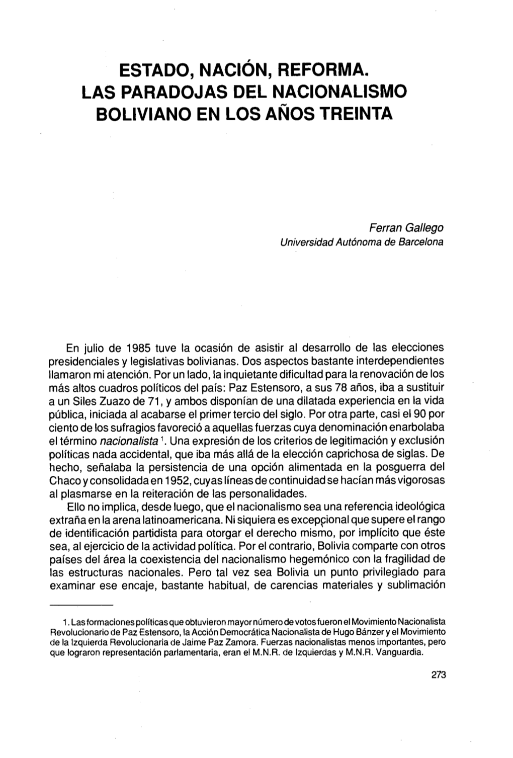 Estado, Nación, Reforma. Las Paradojas Del Nacionalismo Boliviano En Los Años Treinta