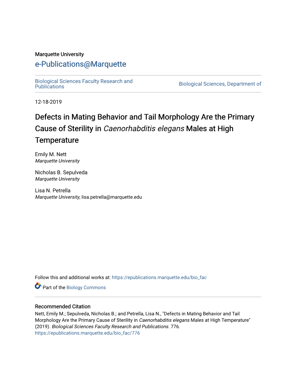 Defects in Mating Behavior and Tail Morphology Are the Primary Cause of Sterility in Caenorhabditis Elegans Males at High Temperature