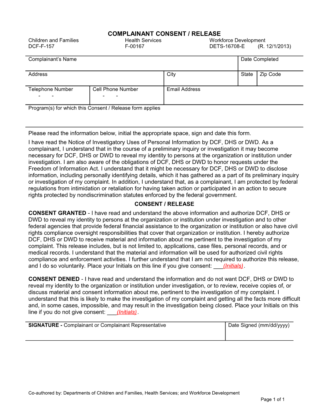 Complainant Consent / Release Form