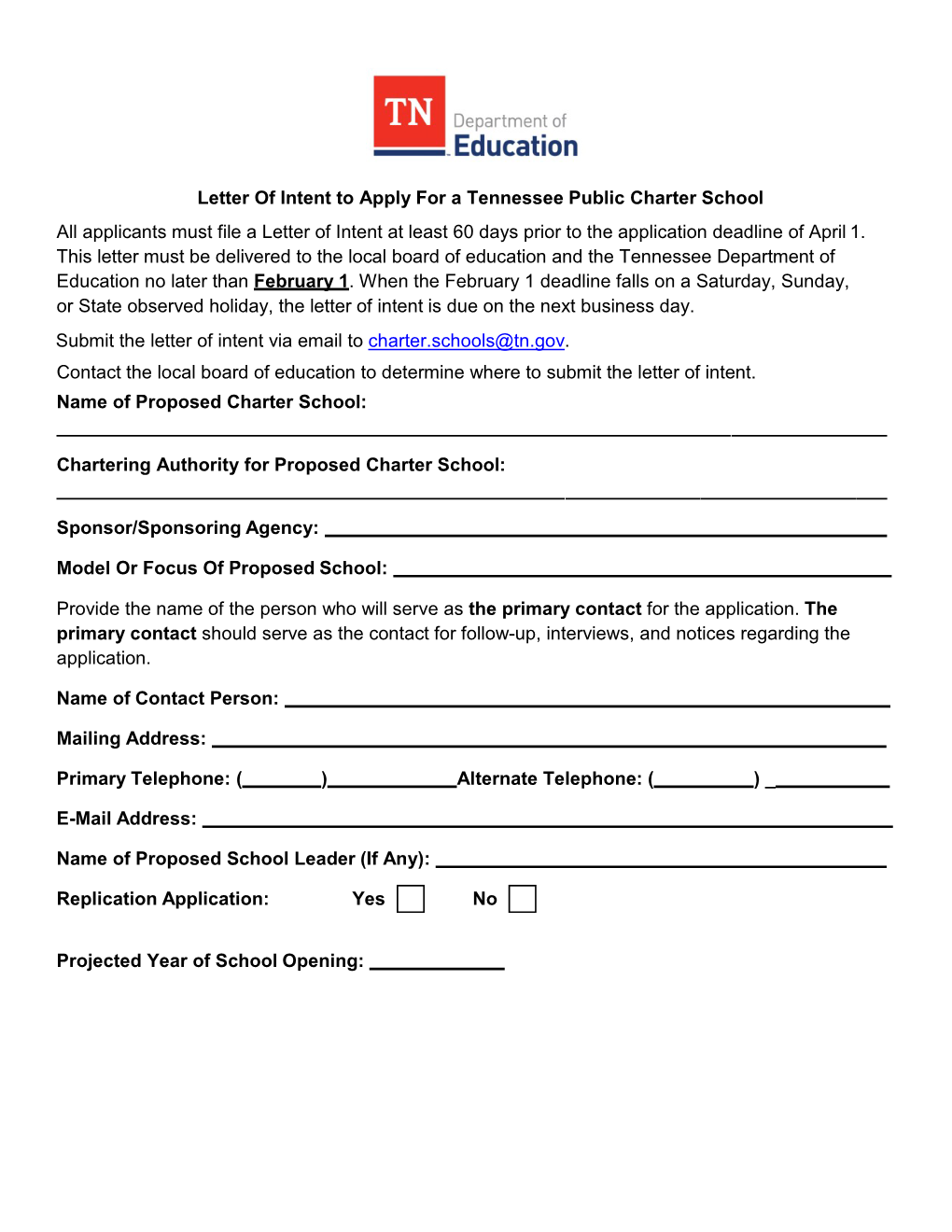 Letter of Intent to Apply for a Tennessee Public Charter School