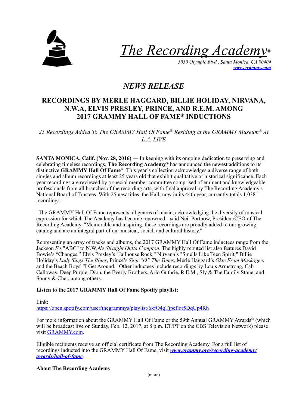 The Recording Academy® 3030 Olympic Blvd., Santa Monica, CA 90404