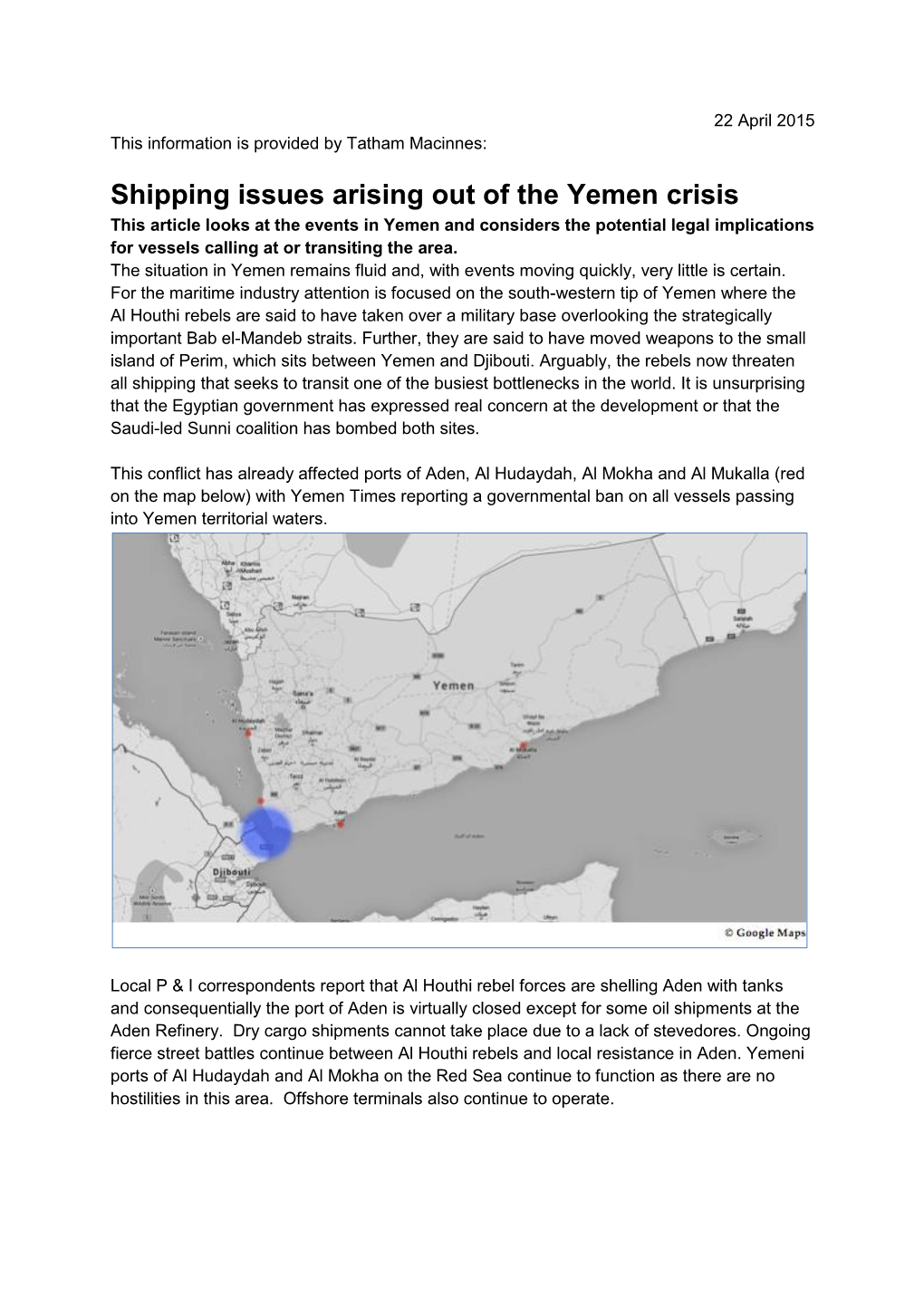 Shipping Issues Arising out of the Yemen Crisis