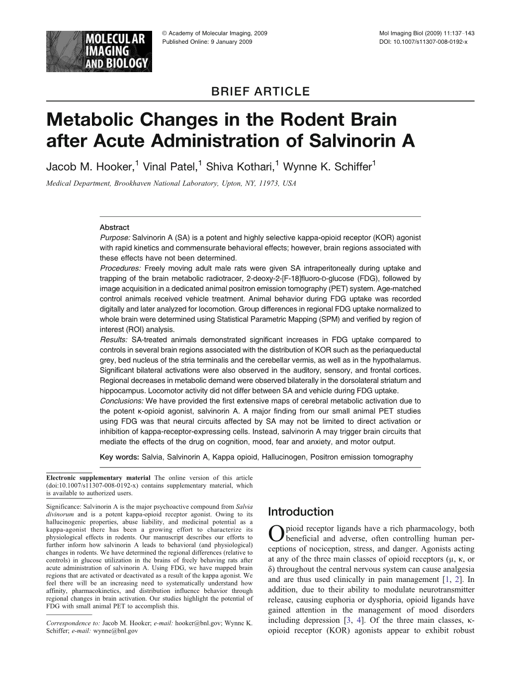 Metabolic Changes in the Rodent Brain After Acute Administration of Salvinorin a Jacob M