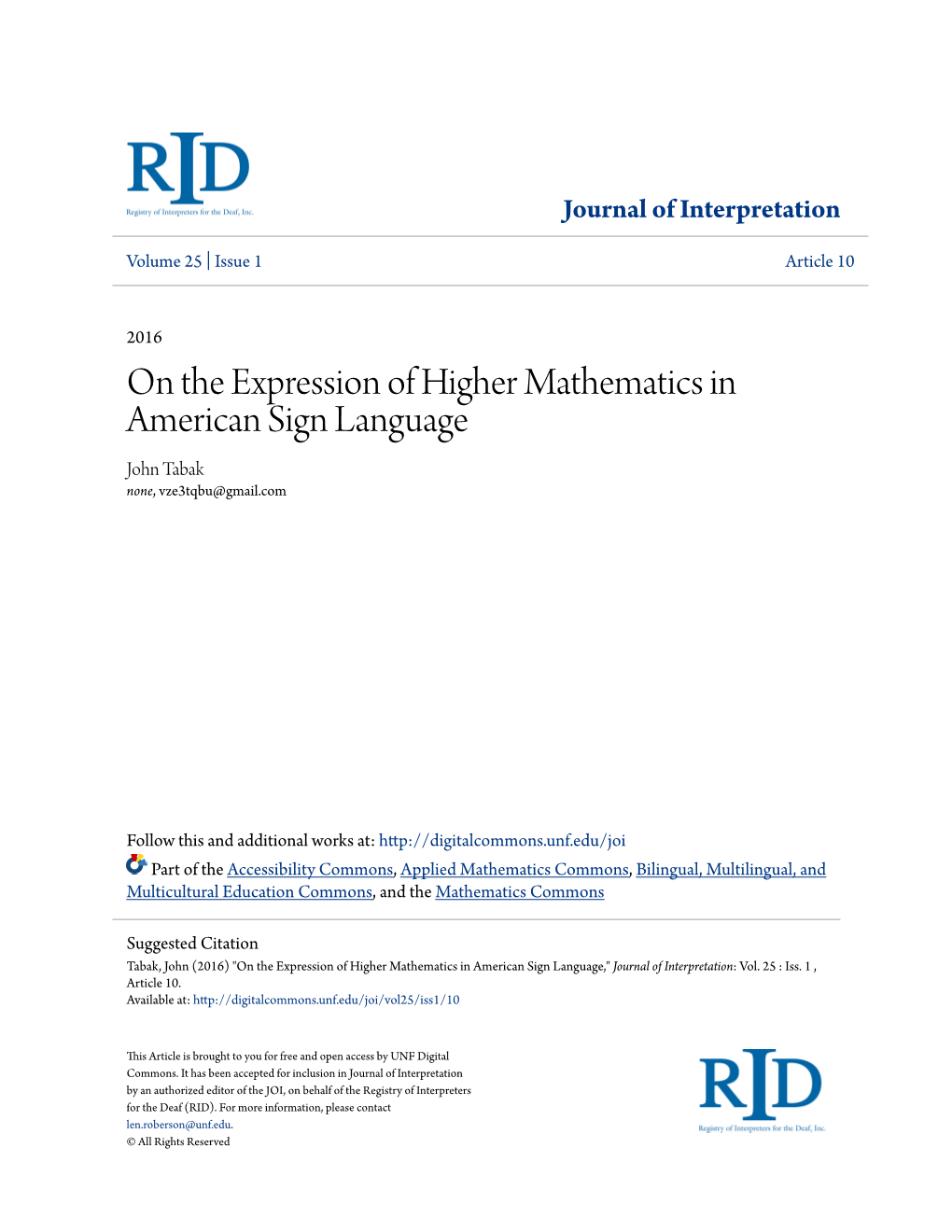 On the Expression of Higher Mathematics in American Sign Language John Tabak None, Vze3tqbu@Gmail.Com