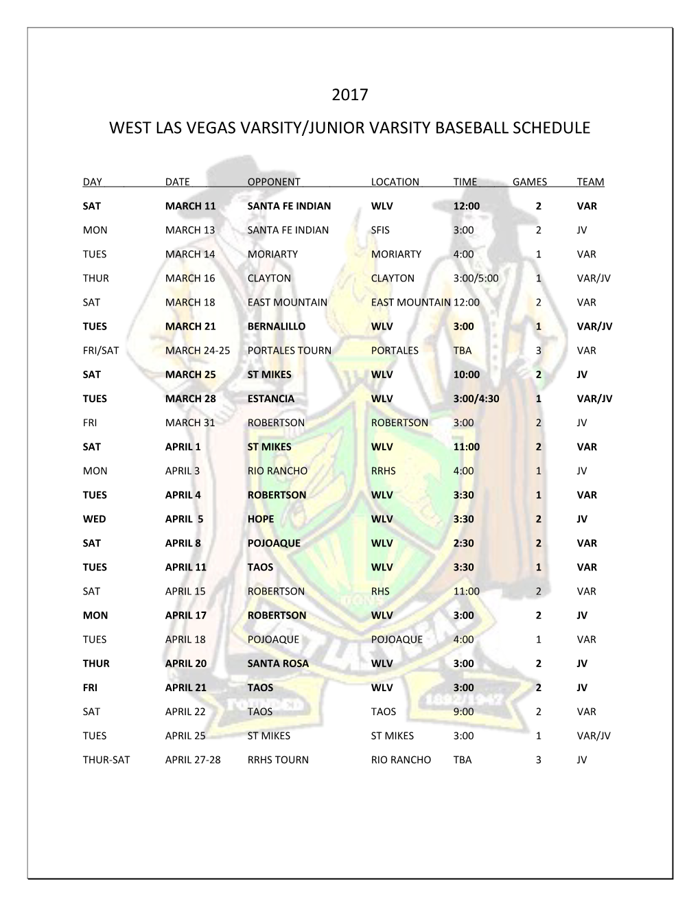 West Las Vegas Varsity/Junior Varsity Baseball Schedule