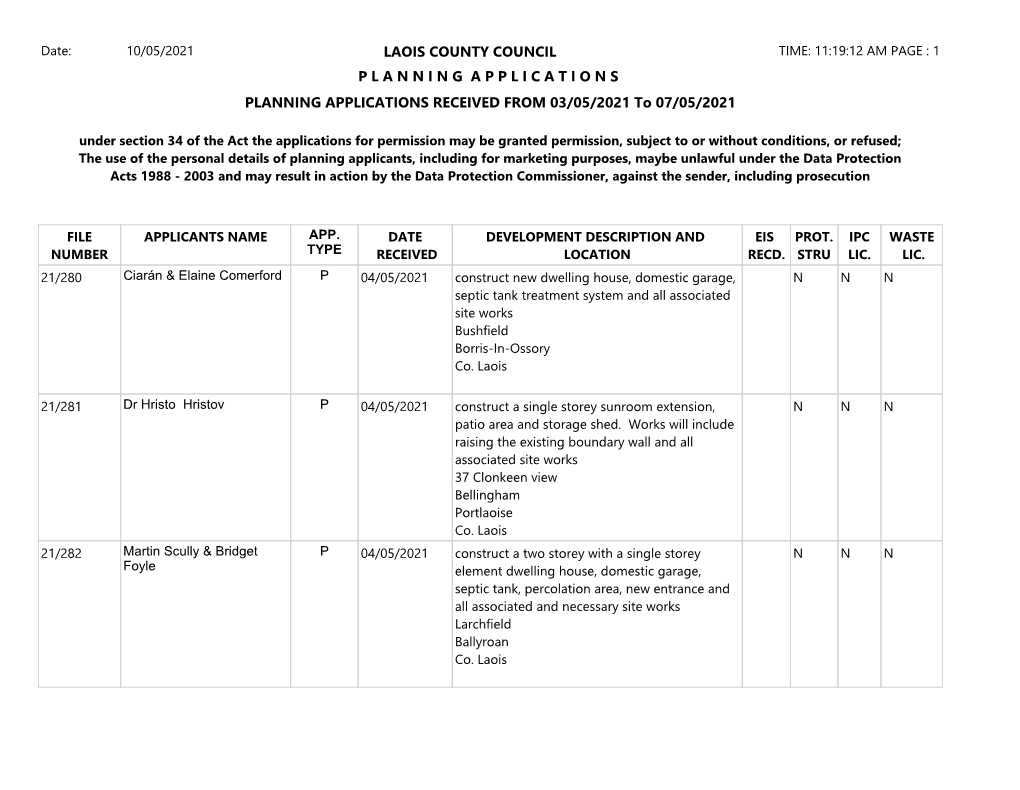 PLANNING APPLICATIONS RECEIVED from 03/05/2021 to 07/05/2021