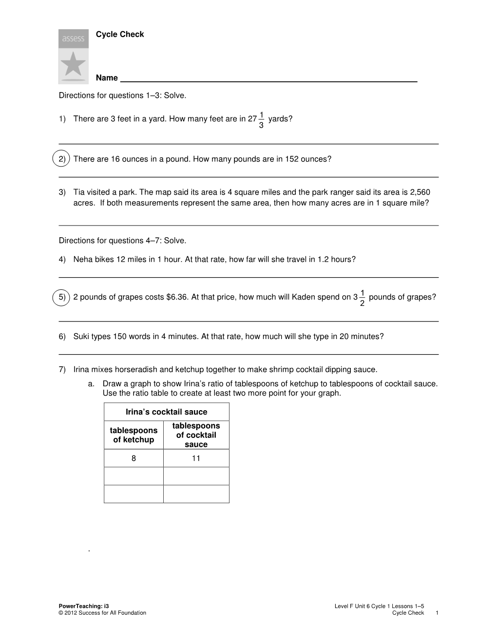 Cycle Check Name Directions for Questions