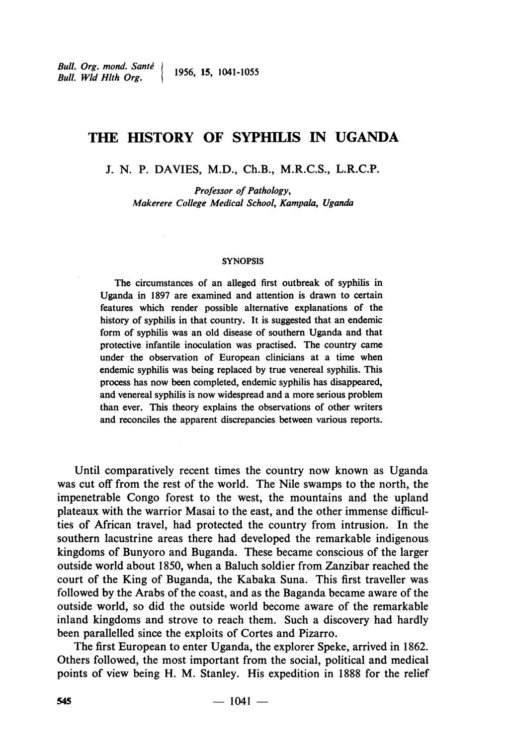 The History of Syphilis in Uganda