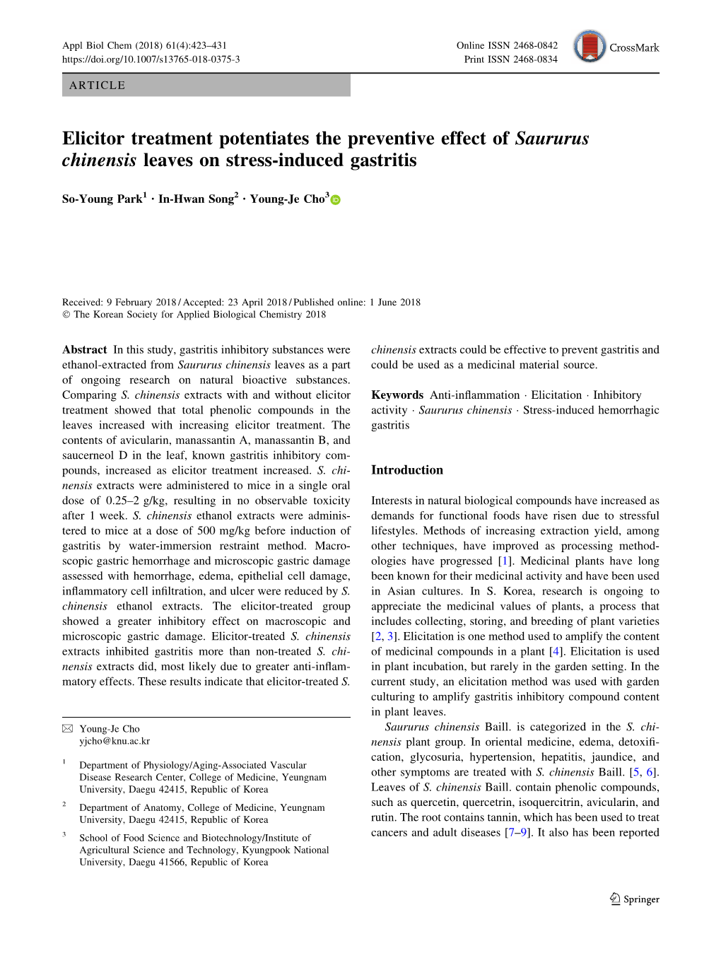 Elicitor Treatment Potentiates the Preventive Effect of Saururus Chinensis Leaves on Stress-Induced Gastritis