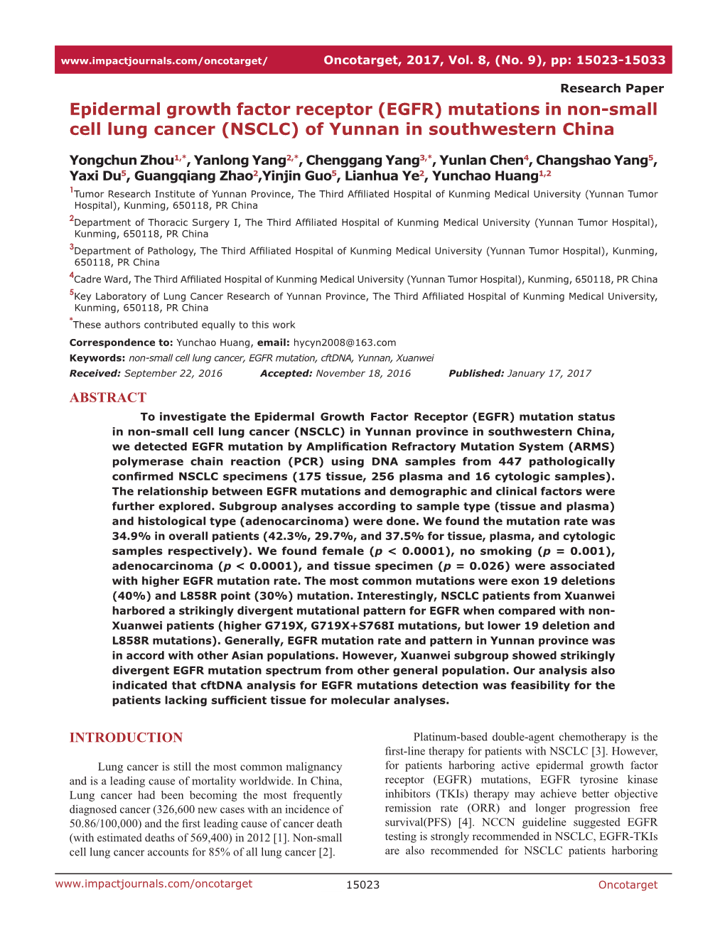 Epidermal Growth Factor Receptor (EGFR) Mutations in Non-Small Cell Lung Cancer (NSCLC) of Yunnan in Southwestern China