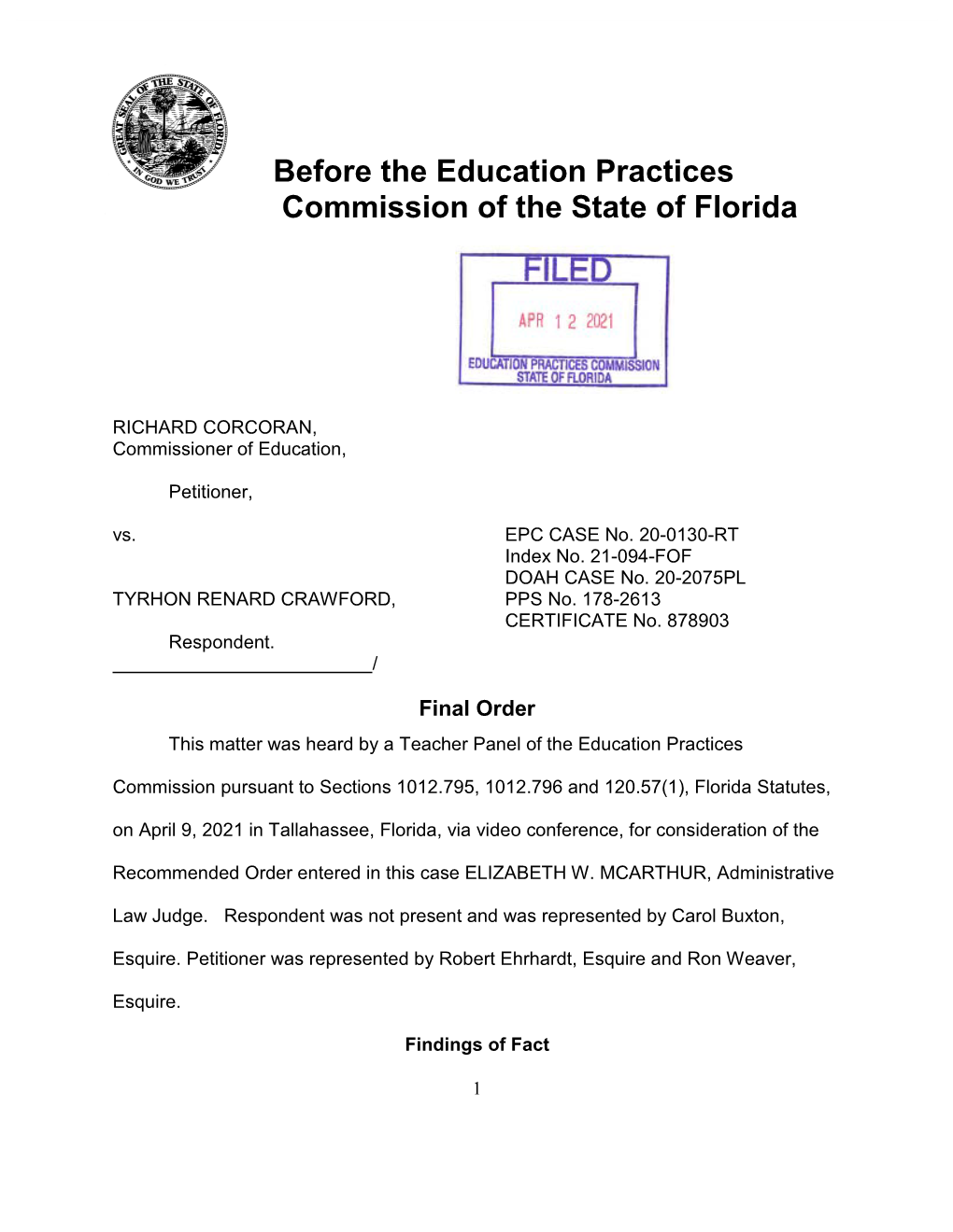 Before the Education Practices Commission of the State of Florida