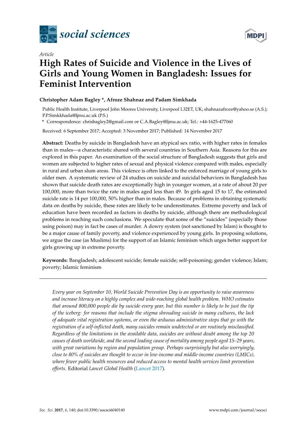 High Rates of Suicide and Violence in the Lives of Girls and Young Women in Bangladesh: Issues for Feminist Intervention