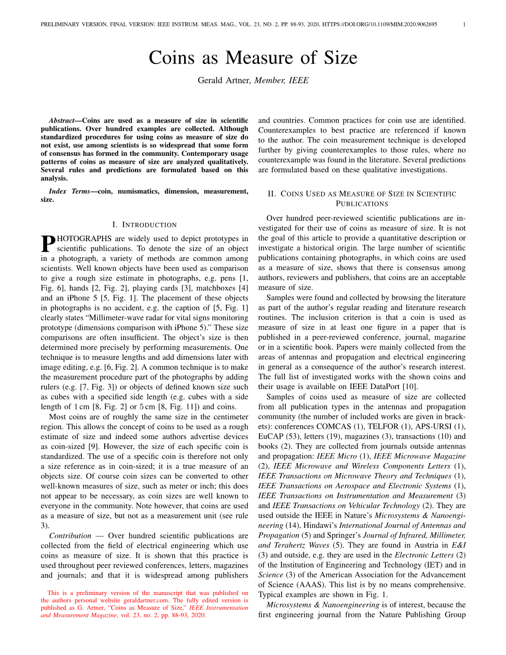 Coins As Measure of Size Gerald Artner, Member, IEEE