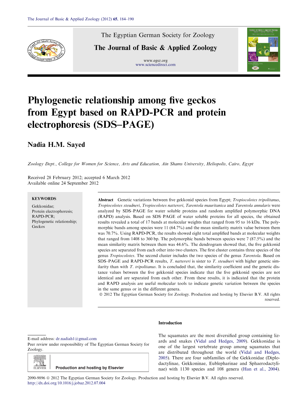 Phylogenetic Relationship Among Five Geckos from Egypt