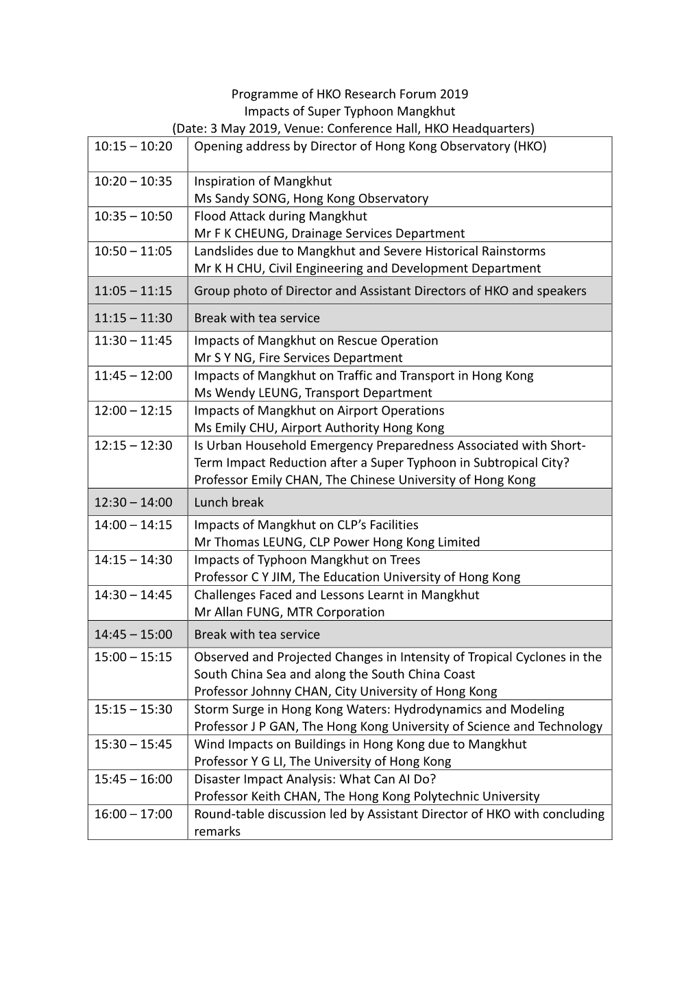 Programme of HKO Research Forum 2019