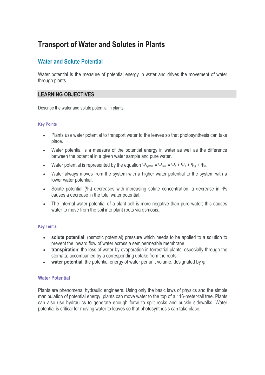 Transport of Water and Solutes in Plants