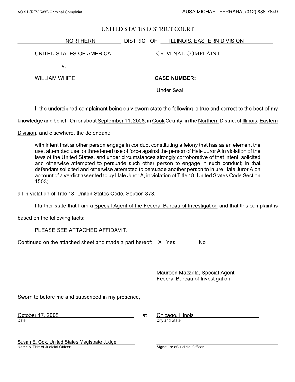 CRIMINAL COMPLAINT, UNITED STATES of AMERICA V. WILLIAM