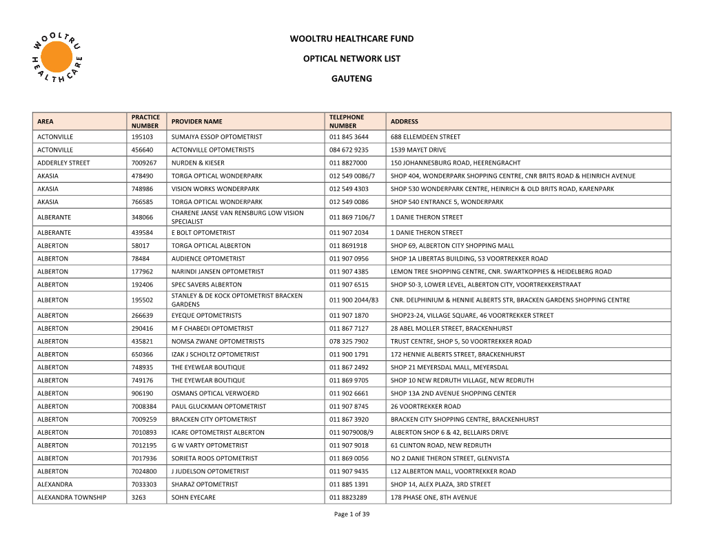 Wooltru Healthcare Fund Optical Network List Gauteng