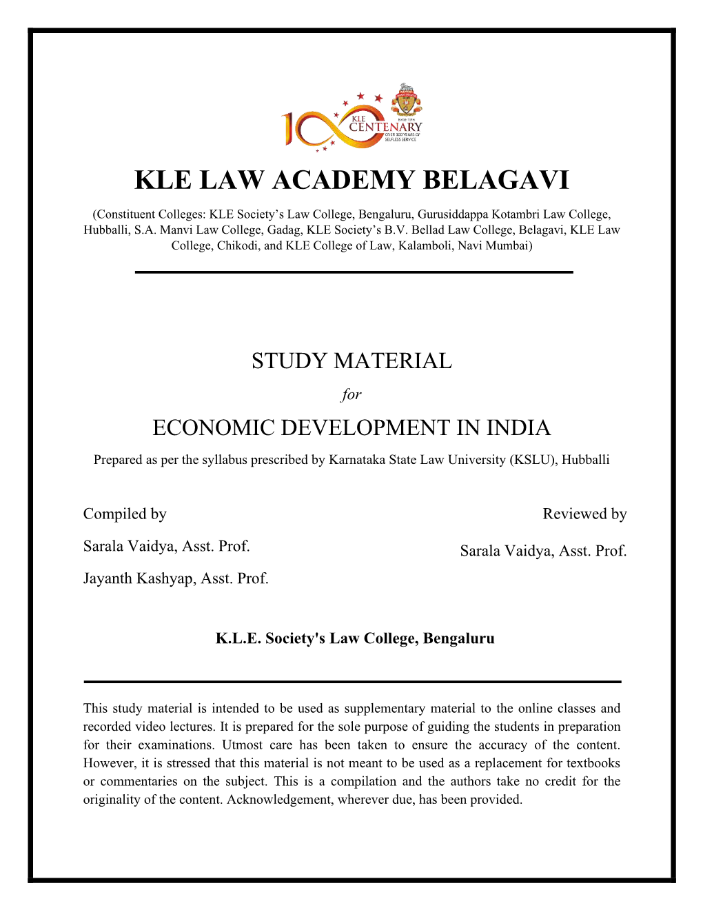 ECONOMIC DEVELOPMENT in INDIA Prepared As Per the Syllabus Prescribed by Karnataka State Law University (KSLU), Hubballi