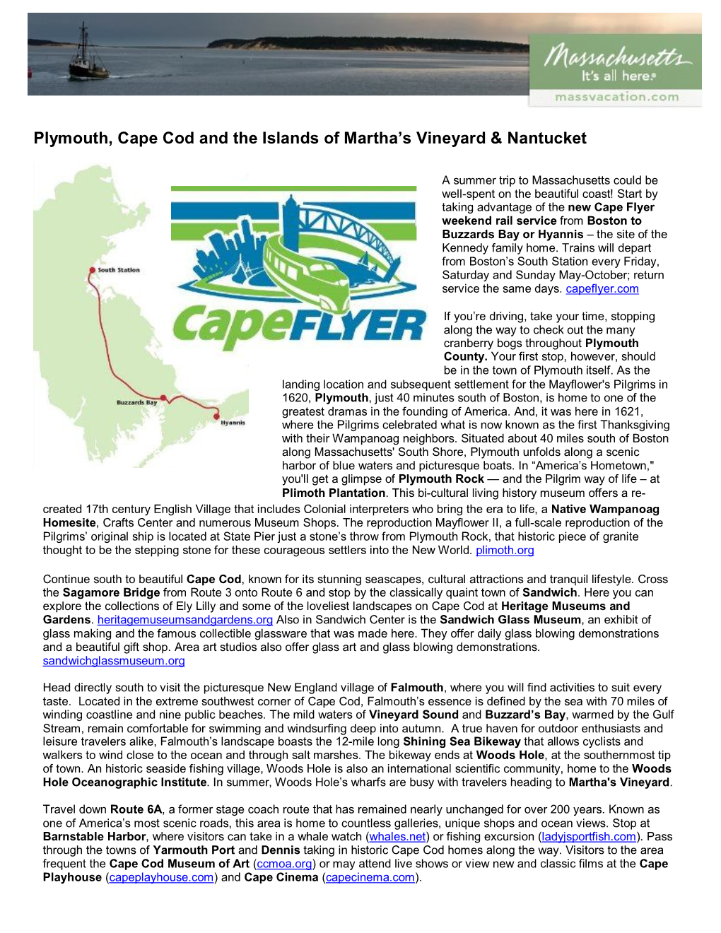 Plymouth, Cape Cod and the Islands of Martha's Vineyard & Nantucket