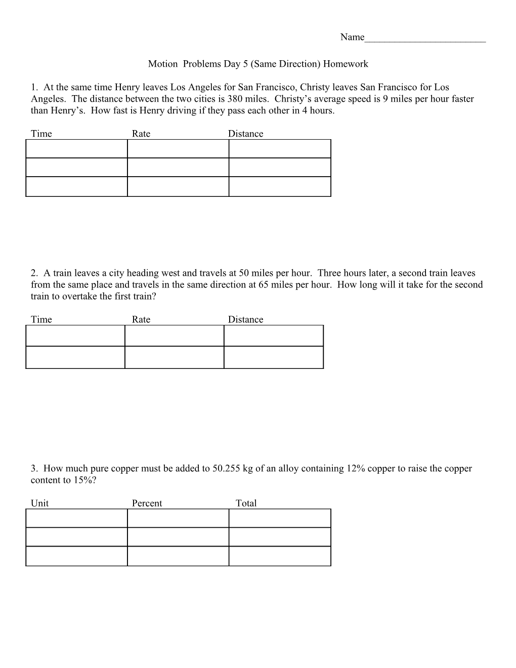 Mixture Problems Day 4 (Opposite Direction) Notes