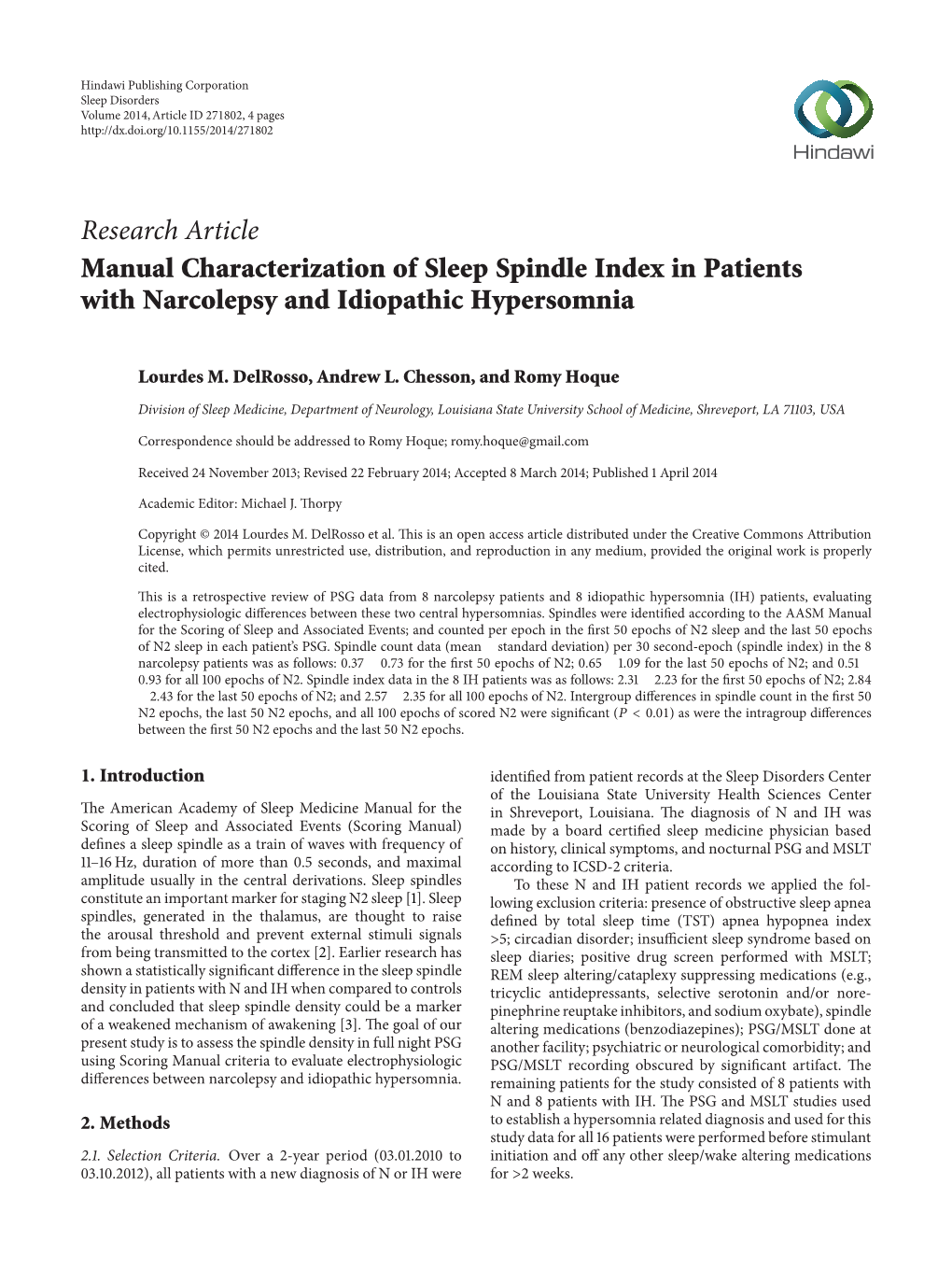 Manual Characterization of Sleep Spindle Index in Patients with Narcolepsy and Idiopathic Hypersomnia