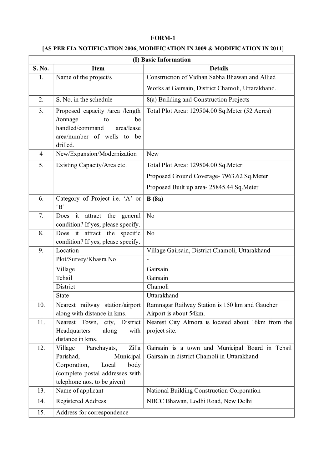 FORM-1 [AS PER EIA NOTIFICATION 2006, MODIFICATION in 2009 & MODIFICATION in 2011] (I) Basic Information S