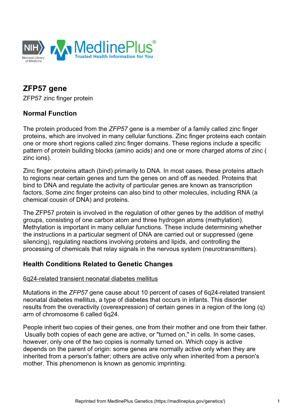 ZFP57 Gene ZFP57 Zinc Finger Protein