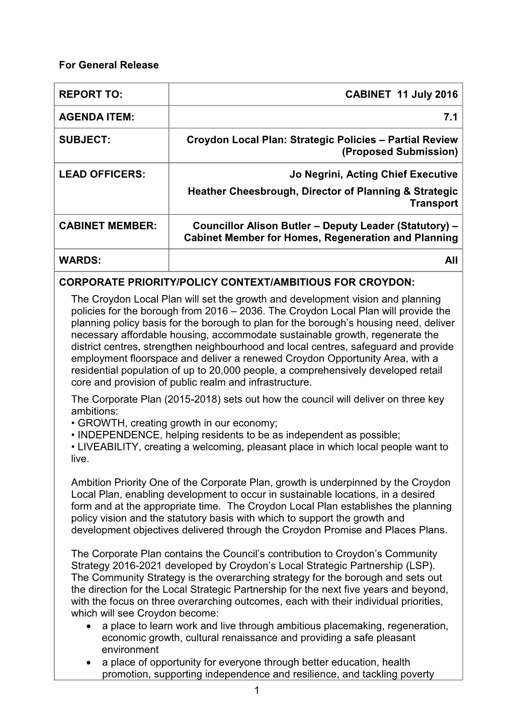 Croydon Local Plan: Strategic Policies – Partial Review (Proposed Submission)