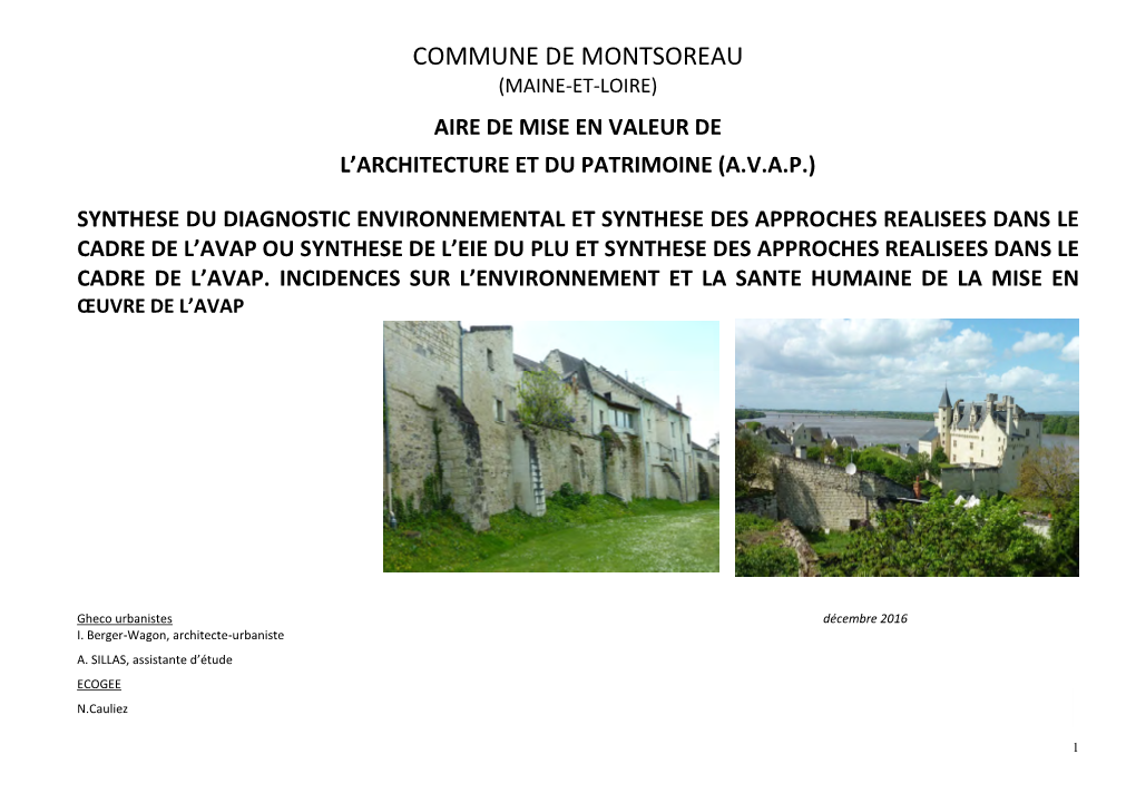 Commune De Montsoreau (Maine-Et-Loire) Aire De Mise En Valeur De L’Architecture Et Du Patrimoine (A.V.A.P.)
