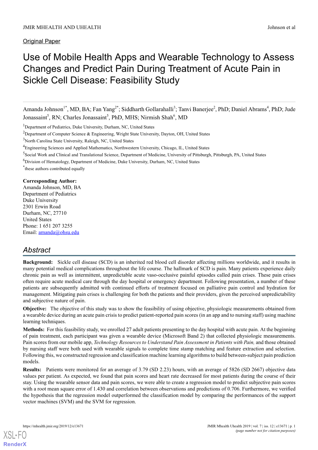 Use of Mobile Health Apps and Wearable Technology to Assess Changes and Predict Pain During Treatment of Acute Pain in Sickle Cell Disease: Feasibility Study