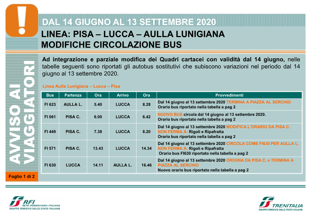 Linea: Pisa – Lucca – Aulla Lunigiana Modifiche Circolazione Bus