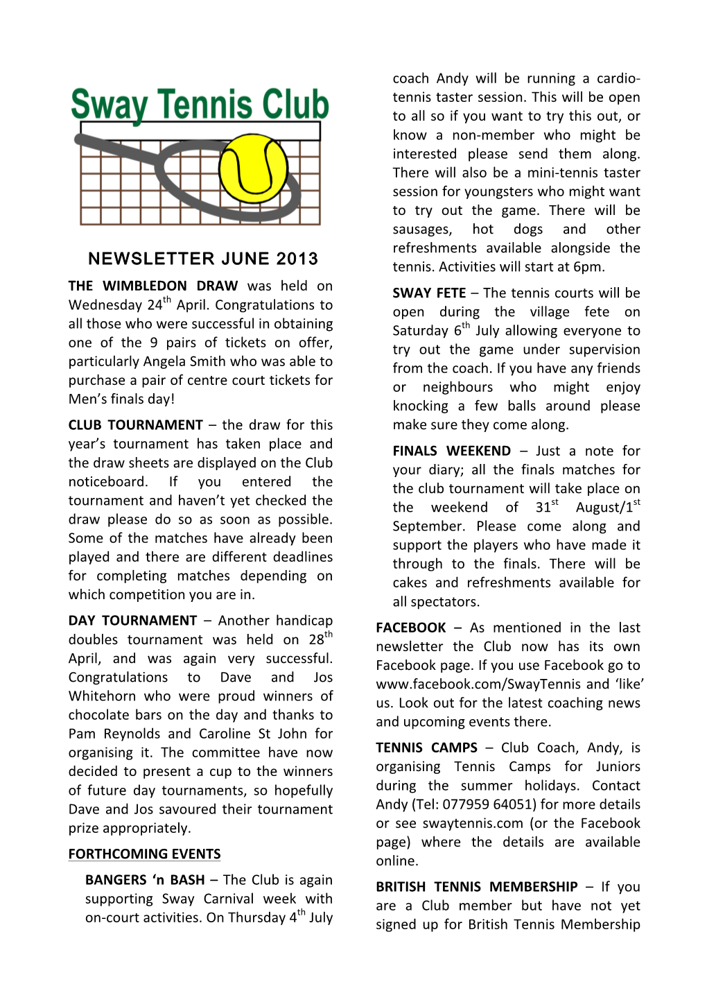 NEWSLETTER JUNE 2013 Tennis