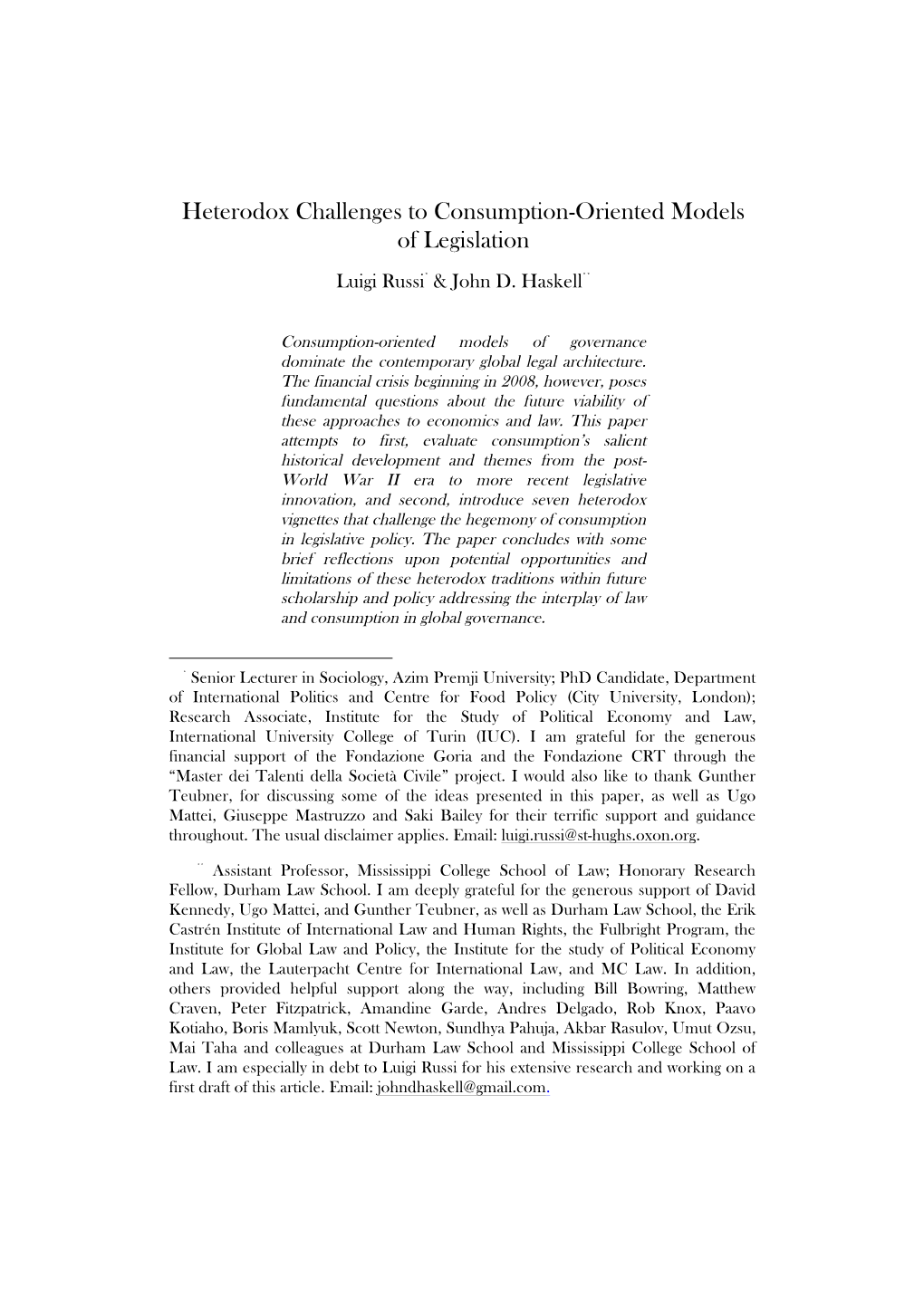 Heterodox Challenges to Consumption-Oriented Models of Legislation Luigi Russi* & John D