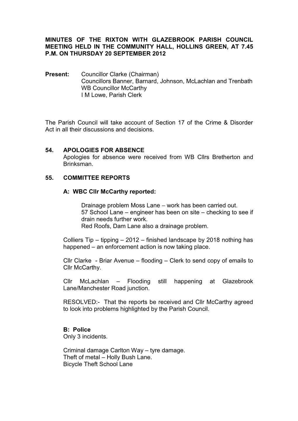 Minutes of the Meeting of the Rixton with Glazebrook Parish Council Held in the Community Hall, Hollins Green, on Thursday 20