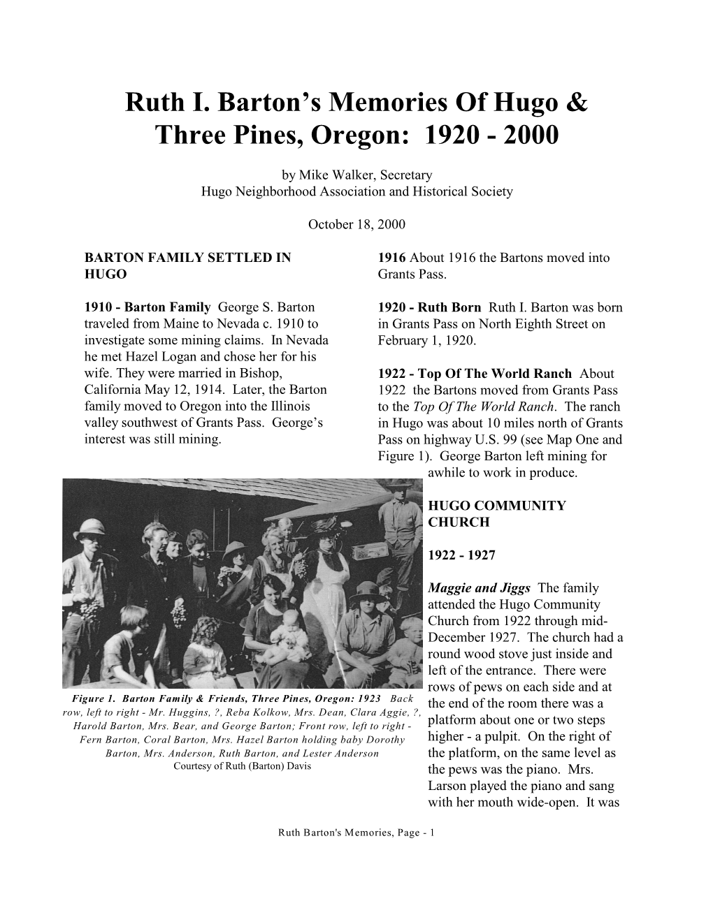 Ruth I. Barton's Memories of Hugo & Three Pines, Oregon: 1920