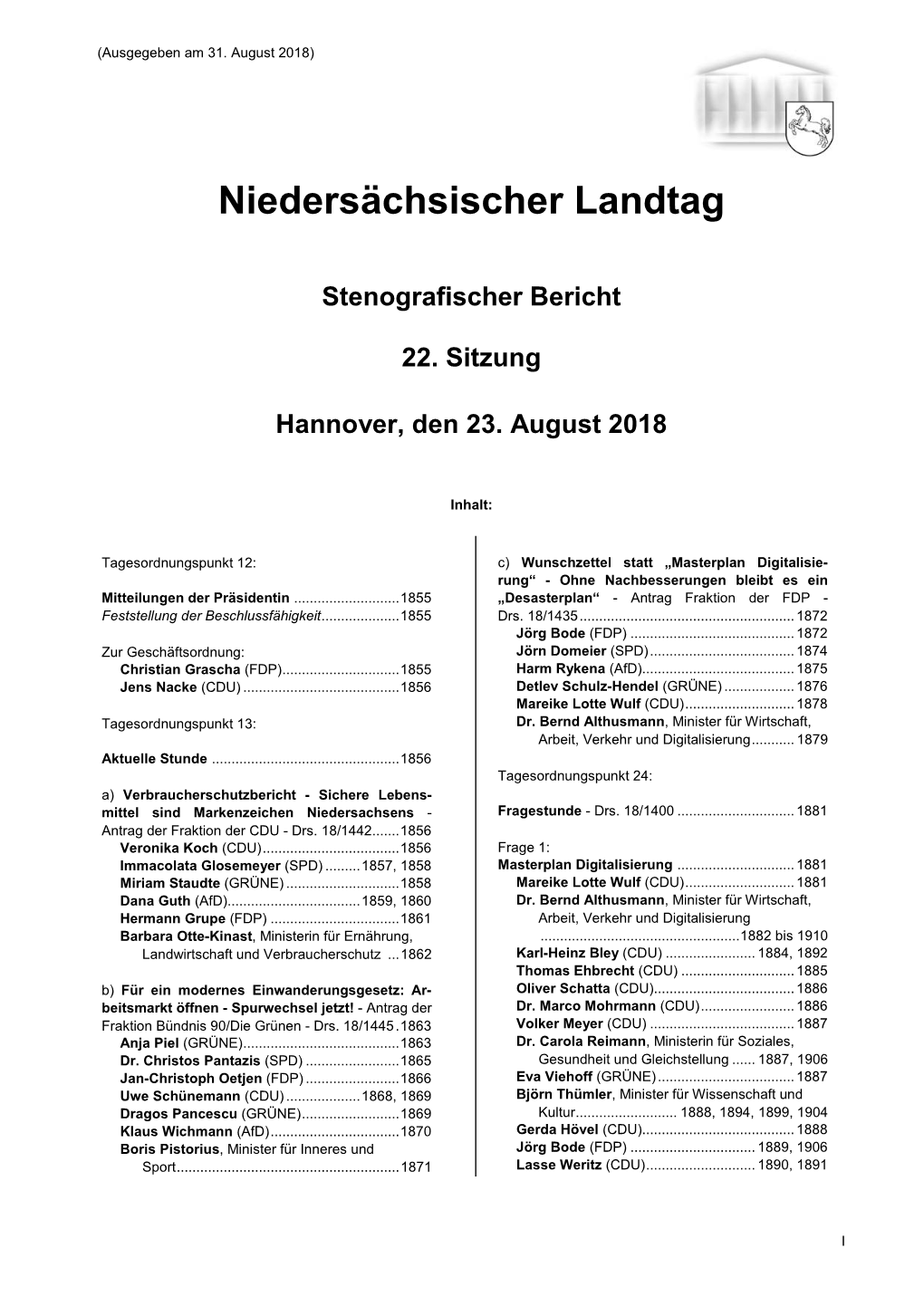 23.08.2018: Beschlussempfehlungen Der Ständigen