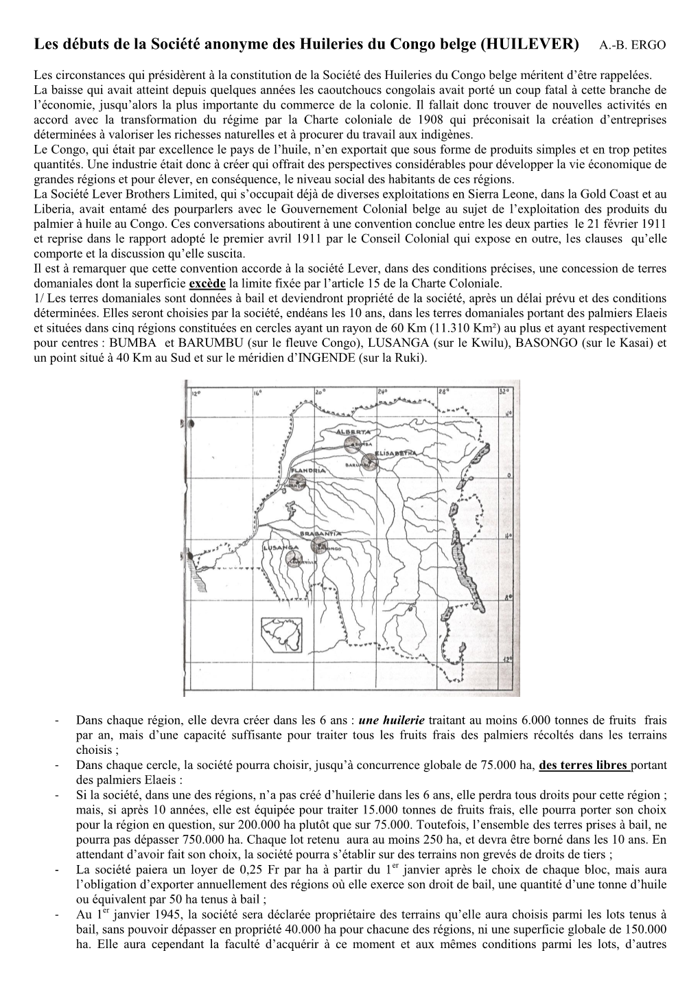 Les Débuts De La Société Anonyme Des Huileries Du Congo Belge (HUILEVER) A.-B