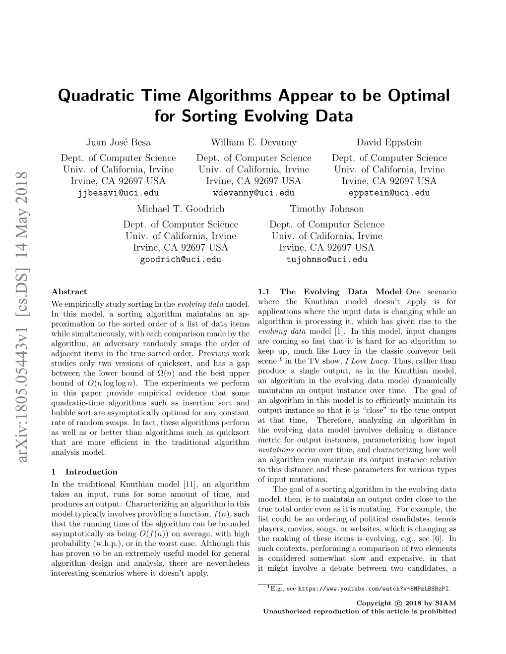 Quadratic Time Algorithms Appear to Be Optimal for Sorting Evolving Data