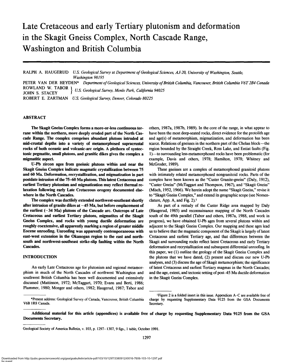 Late Cretaceous and Early Tertiary Plutonism and Deformation in the Skagit Gneiss Complex, North Cascade Range, Washington and British Columbia