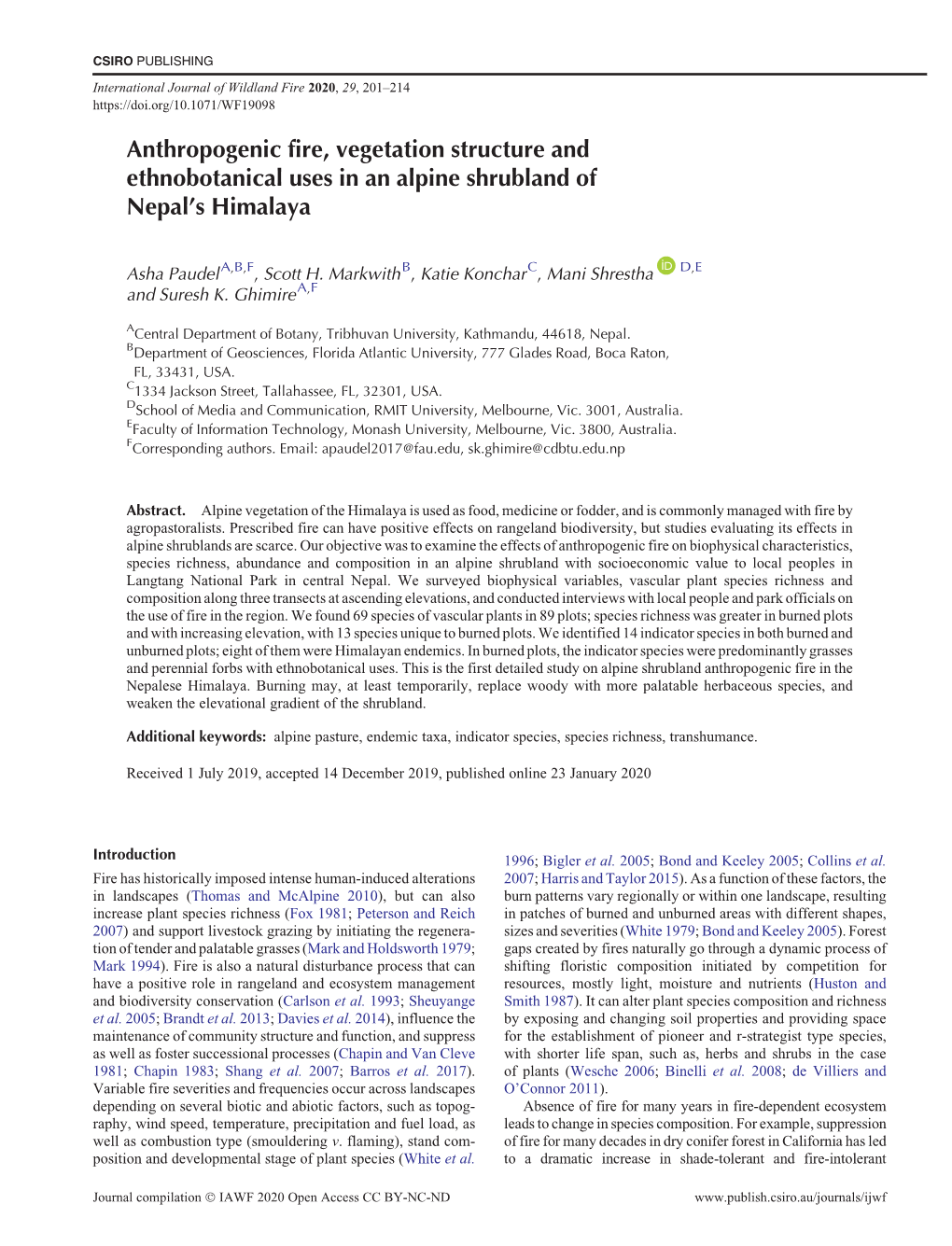 Anthropogenic Fire, Vegetation Structure and Ethnobotanical Uses in an Alpine Shrubland of Nepal’S Himalaya