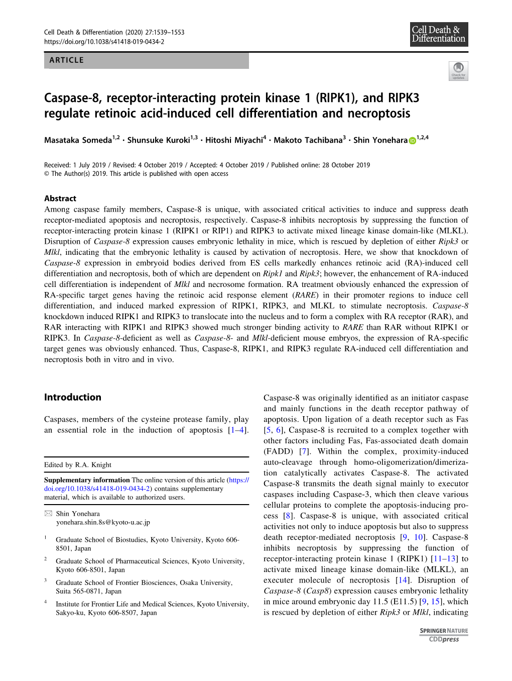 Caspase-8, Receptor-Interacting Protein Kinase 1 (RIPK1), and RIPK3 Regulate Retinoic Acid-Induced Cell Differentiation and Necroptosis