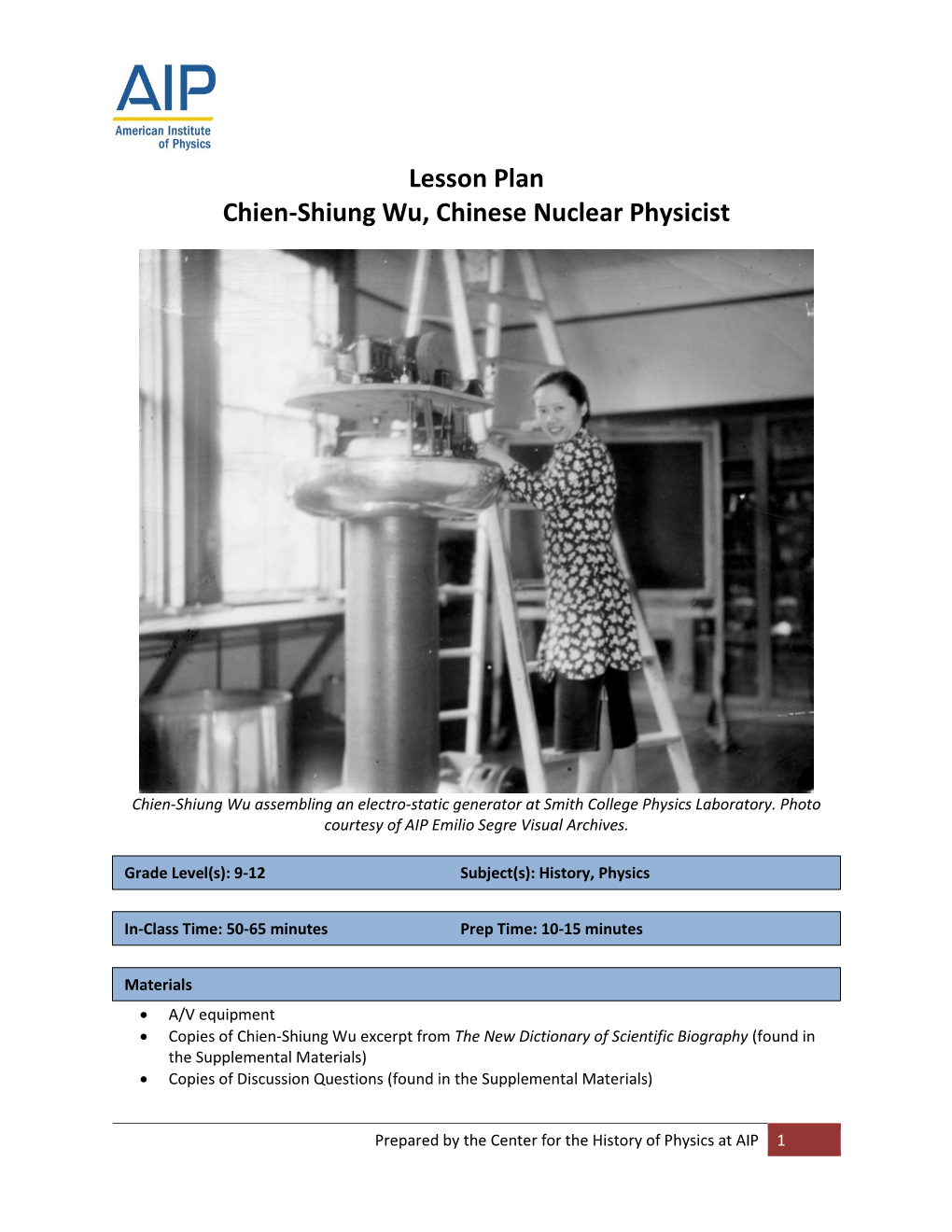 Lesson Plan Chien-Shiung Wu, Chinese Nuclear Physicist