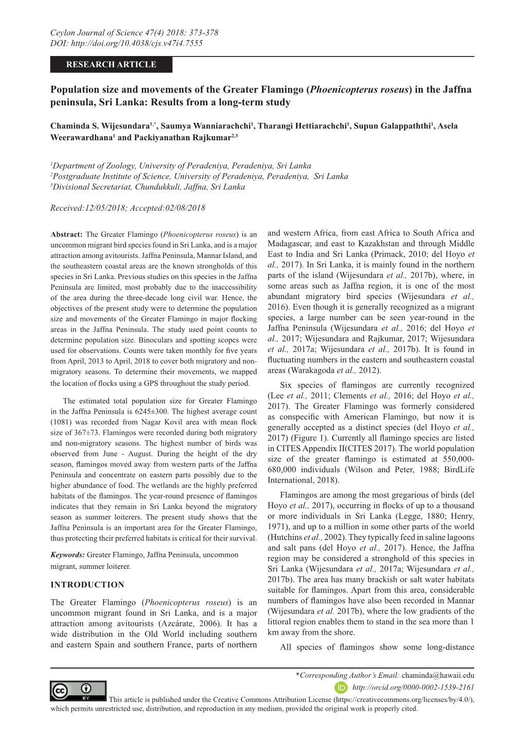 Population Size and Movements of the Greater Flamingo (Phoenicopterus Roseus) in the Jaffna Peninsula, Sri Lanka: Results from a Long-Term Study