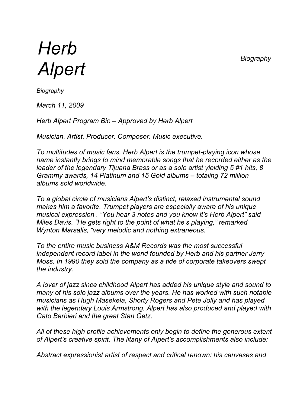 Herb Alpert Program Bio – Approved by Herb Alpert