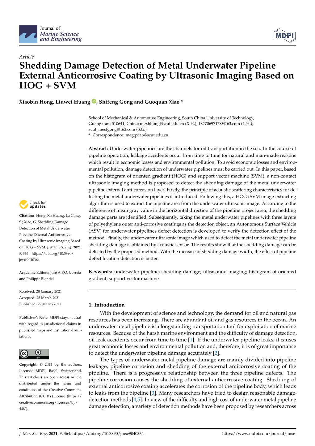 Shedding Damage Detection of Metal Underwater Pipeline External Anticorrosive Coating by Ultrasonic Imaging Based on HOG + SVM