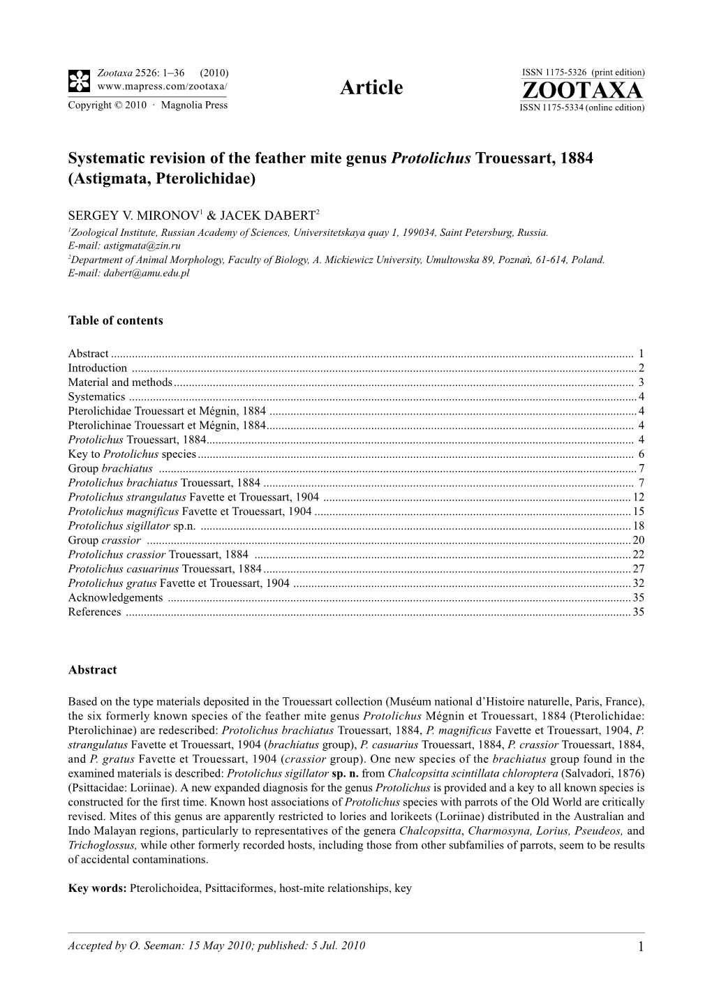 Zootaxa, Systematic Revision of the Feather Mite Genus Protolichus