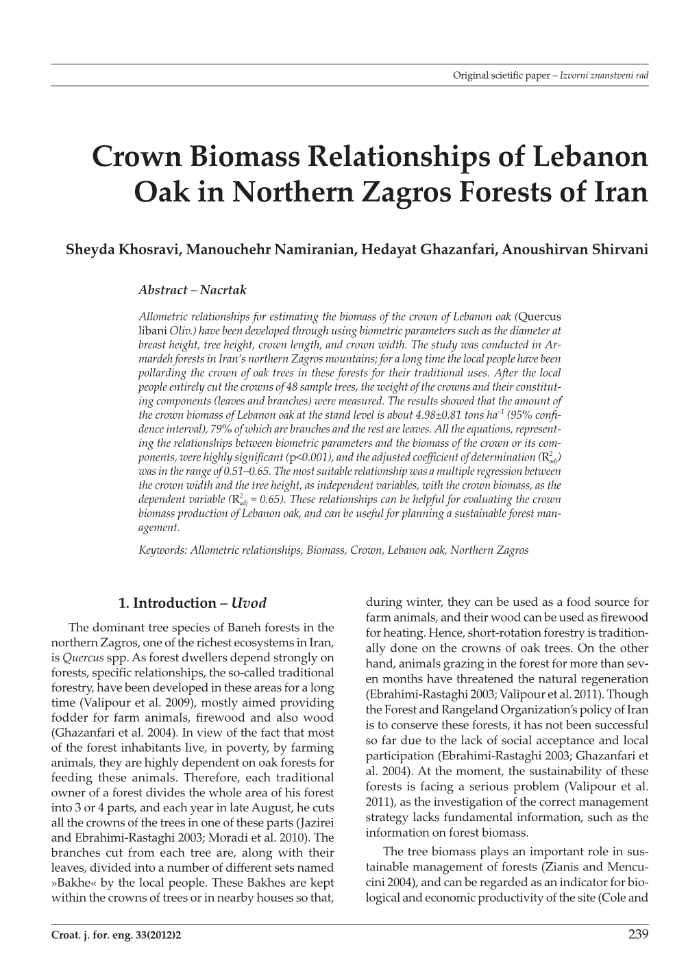 Crown Biomass Relationships of Lebanon Oak in Northern Zagros Forests of Iran
