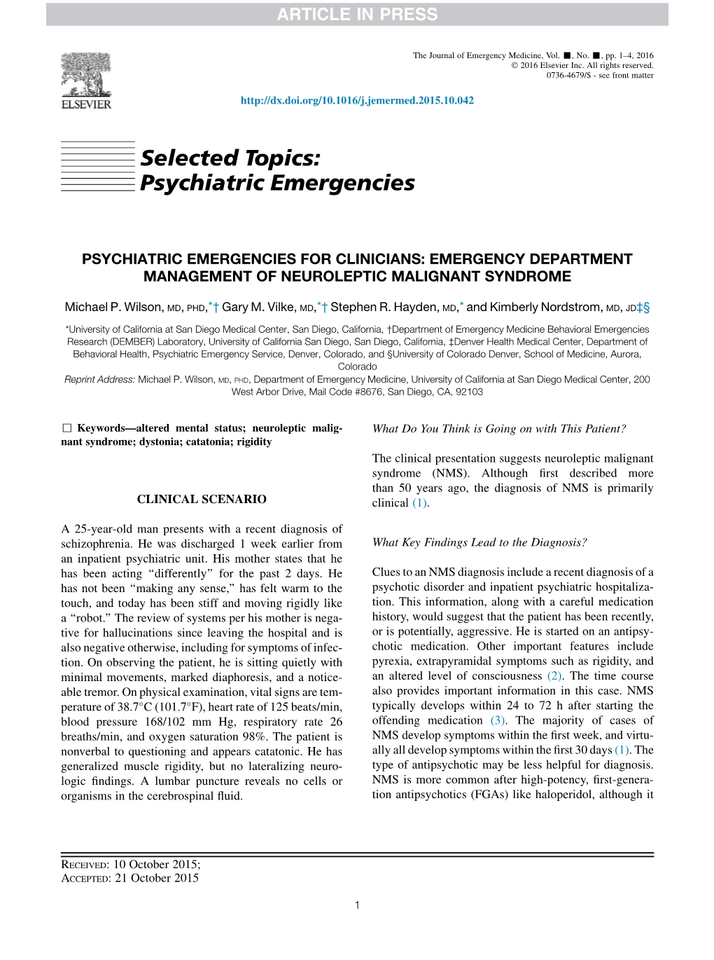 Emergency Department Management of Neuroleptic Malignant Syndrome