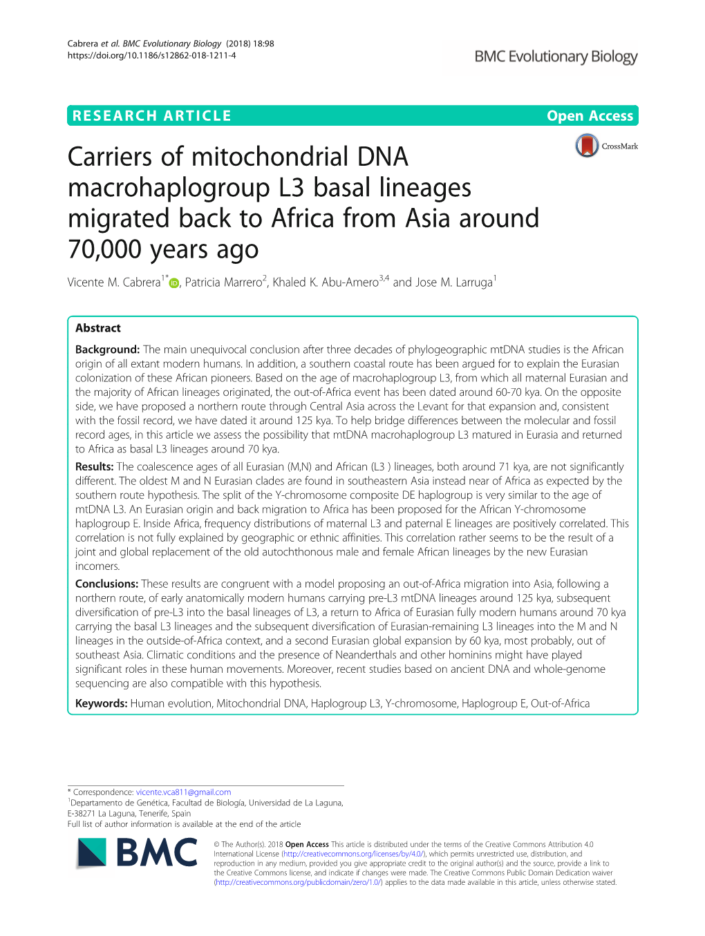 Carriers of Mitochondrial DNA Macrohaplogroup L3 Basal Lineages Migrated Back to Africa from Asia Around 70,000 Years Ago Vicente M